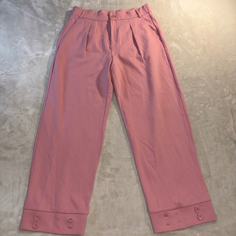 Halara Pink High Waisted Wide Leg Pleated Trousers Button Cuff Large NWT